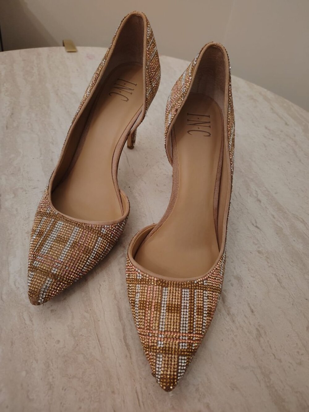 INC Zitah Gold Rhinestone Pointed Toe Stiletto Pumps Heels